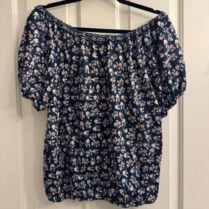 Max Studio Floral Off Shoulder Top Navy Blue Boho Peasant Blouse Size Large